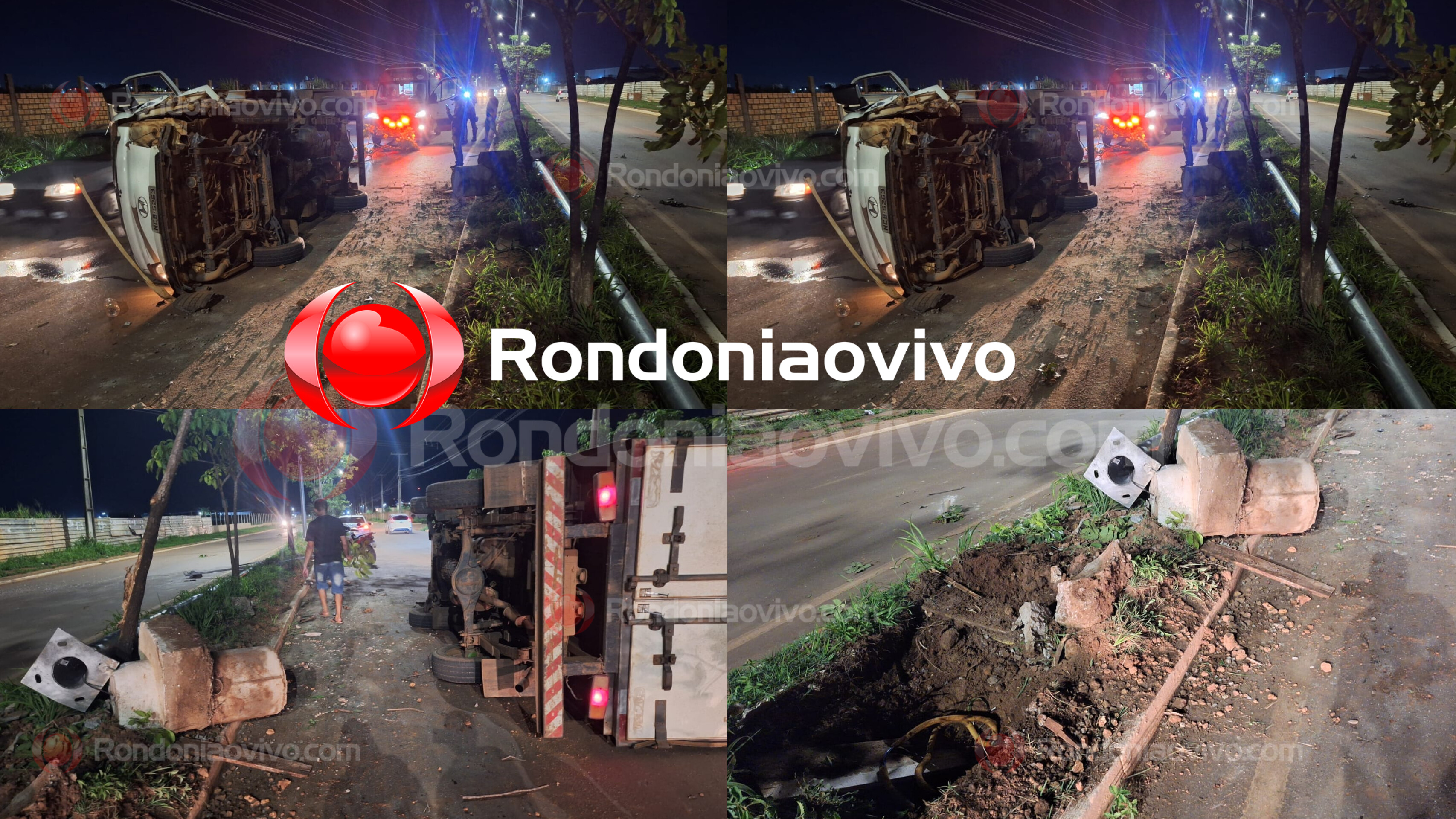 VÍDEO: Caminhão capota após derrubar poste; Passageiro ficou ferido 