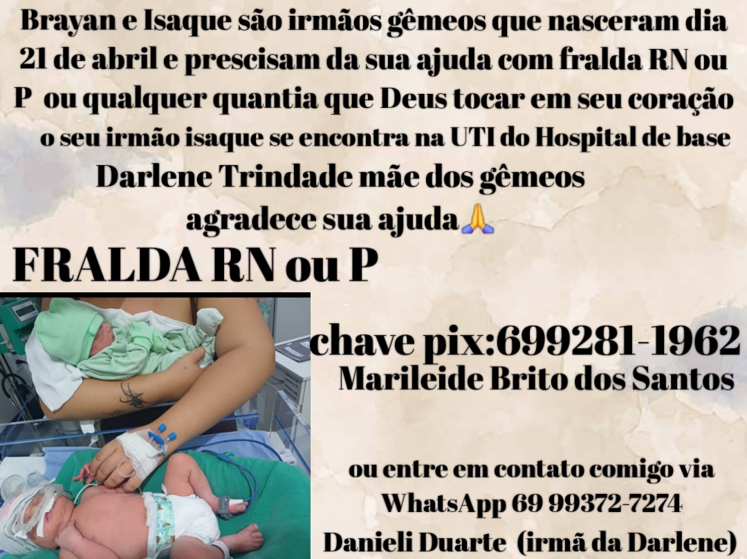 SOLIDARIEDADE: Com bebê na UTI, família pede ajuda para arrecadar fraldas para gêmeos recém-nascidos