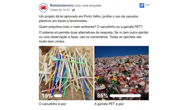 ENQUETE RONDONIAOVIVO: Internautas defendem que garrafas pets são mais nocivas que canudos