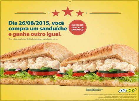 SUBWAY – Promoção pague um e leve outro sanduiche igual