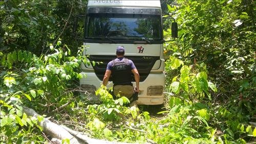 Carreta roubada com carga de soja estava escondida dentro de mata 