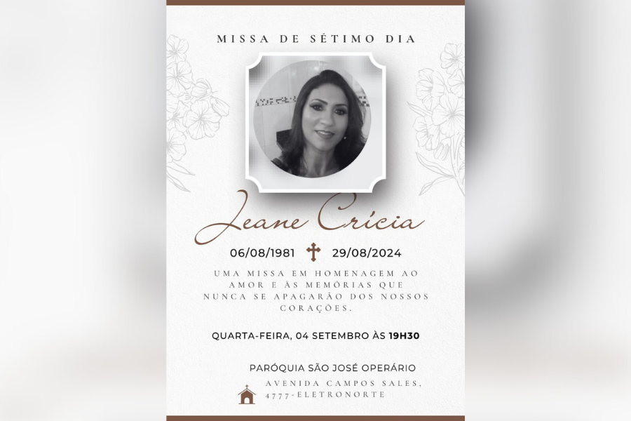 HOMENAGEM: Missa de 7º Dia de Jeane Crícia Moura Rodrigues acontece na quarta (04)