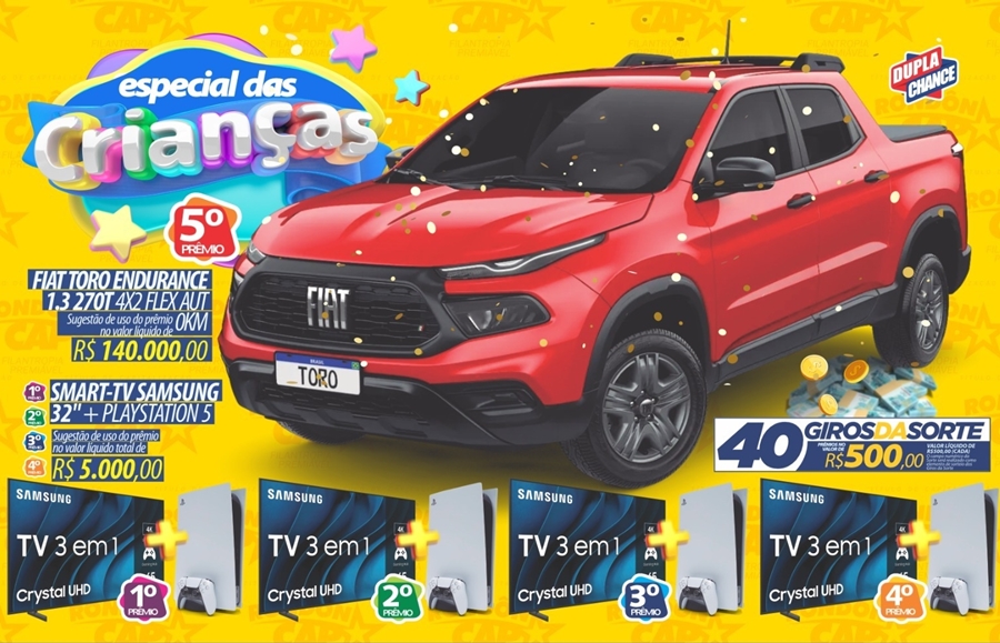 RONDÔNCAP: Dia das Crianças com 1 Fiat Toro, 4 Tvs com Playstation 5 e 40 giros