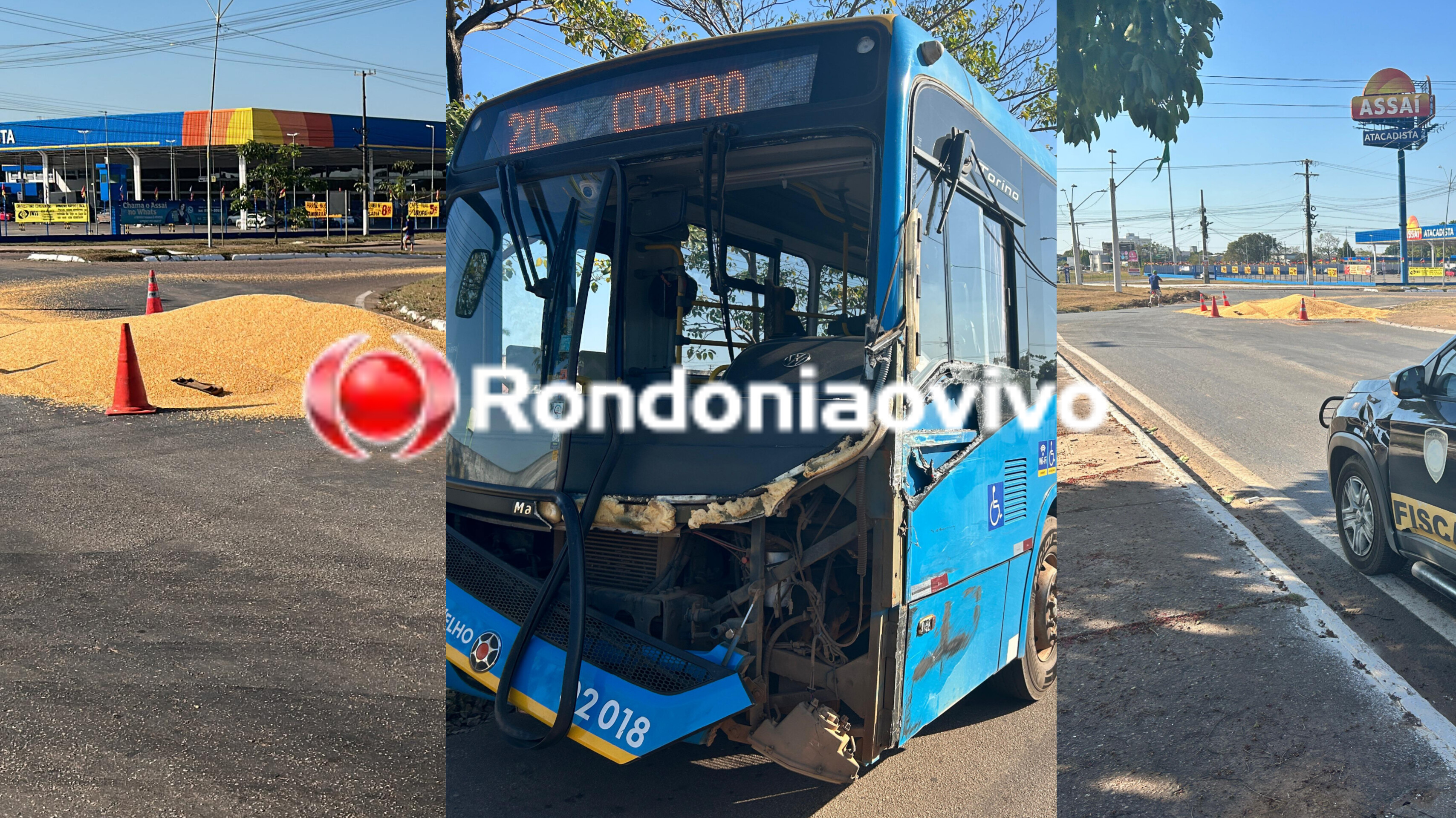 ACIDENTE: Batida entre ônibus e carreta deixa carga de milho espalhada na Jorge Teixeira