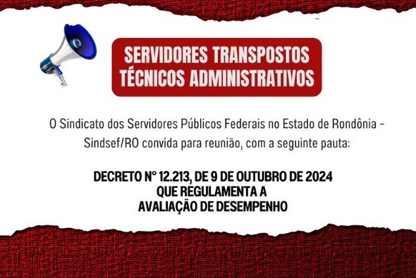 COMUNICADO: Sindsef convoca transpostos à reunião sobre decreto de avaliação de desempenho