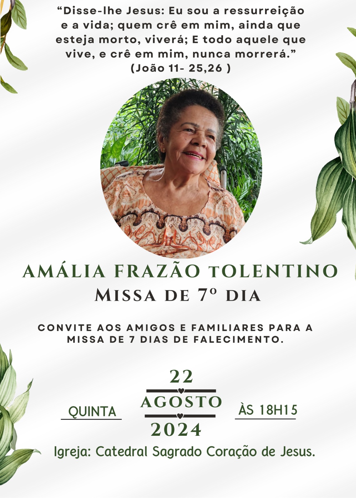 CONVITE: Família convida para missa de Sétimo Dia de Amália Frazão Tolentino