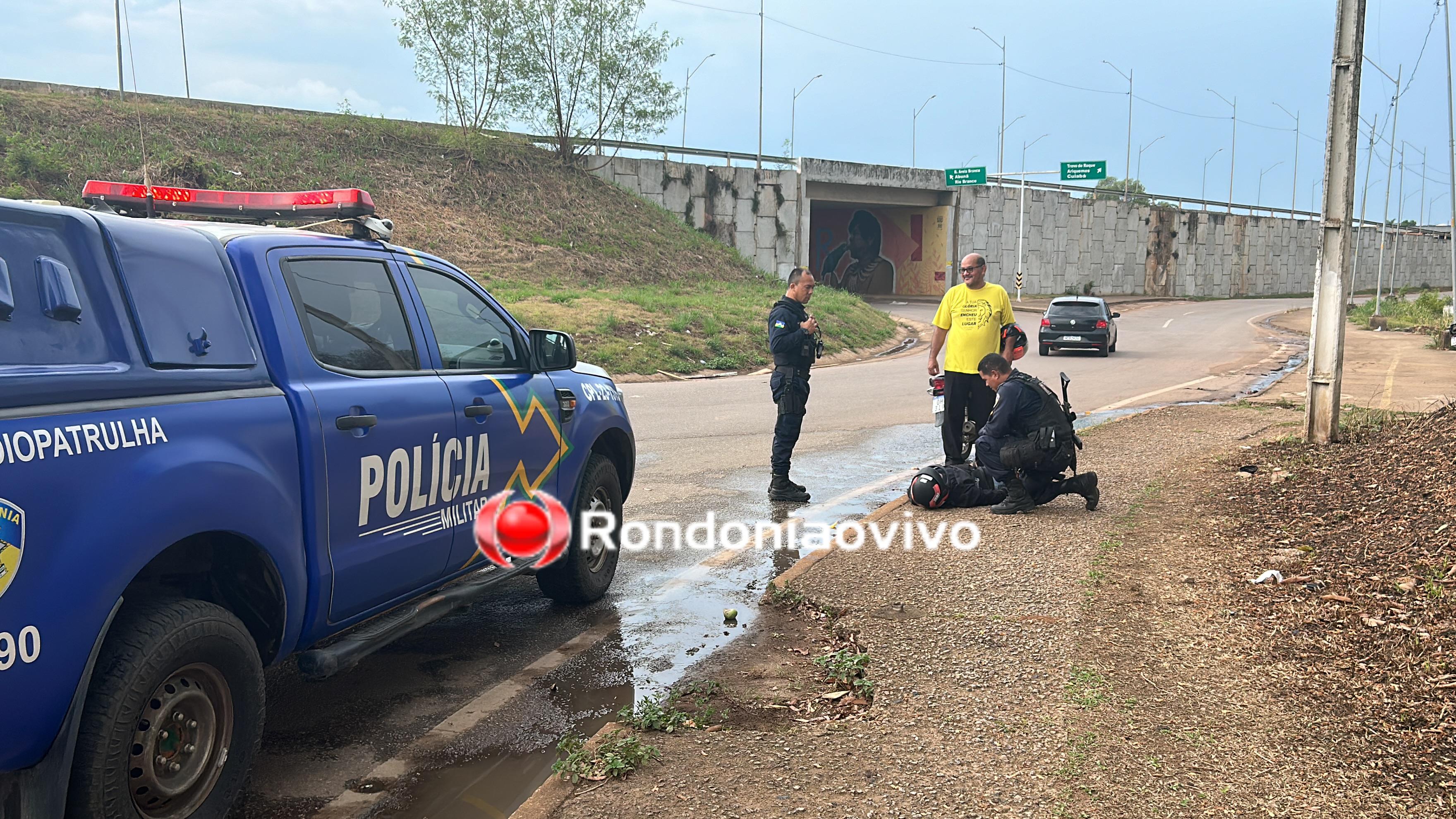 VÍDEO: Mulher em moto sofre acidente em frente ao viaduto da BR-364