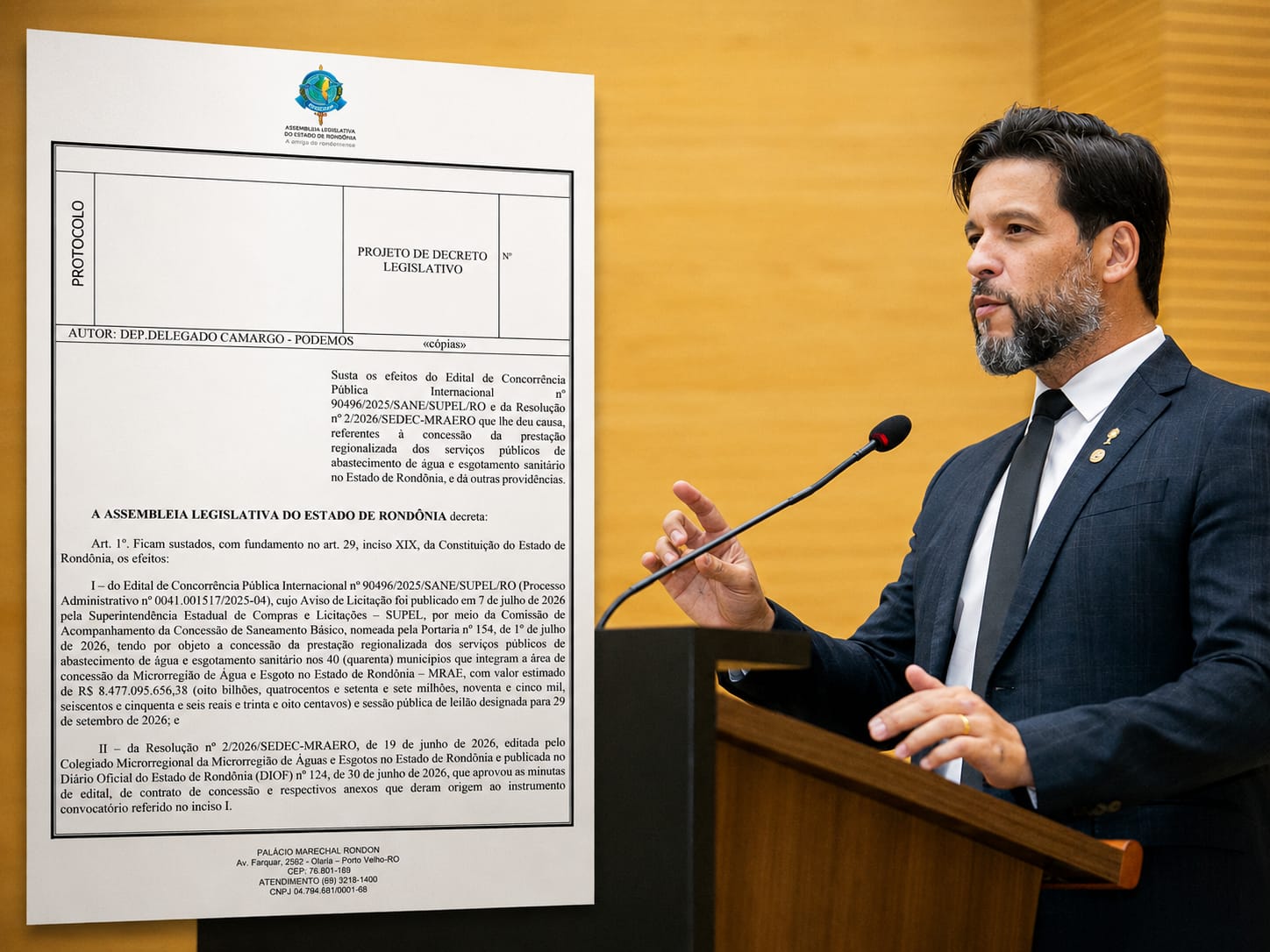 SUSTAÇÃO DE LICITAÇÃO: Delegado Camargo protocola projeto para suspender privatização da água e esgoto em Rondônia