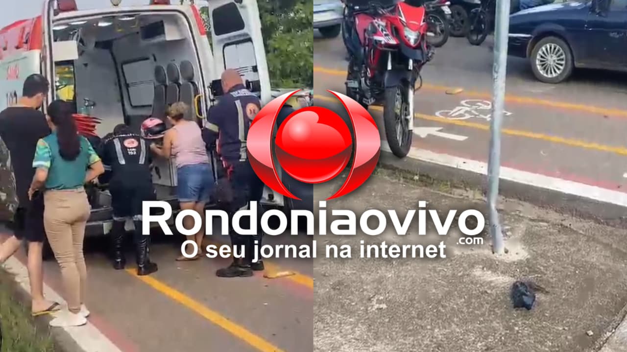 URGENTE: ​Motociclista fica ferida  após colisão com carro e placa de sinalização
