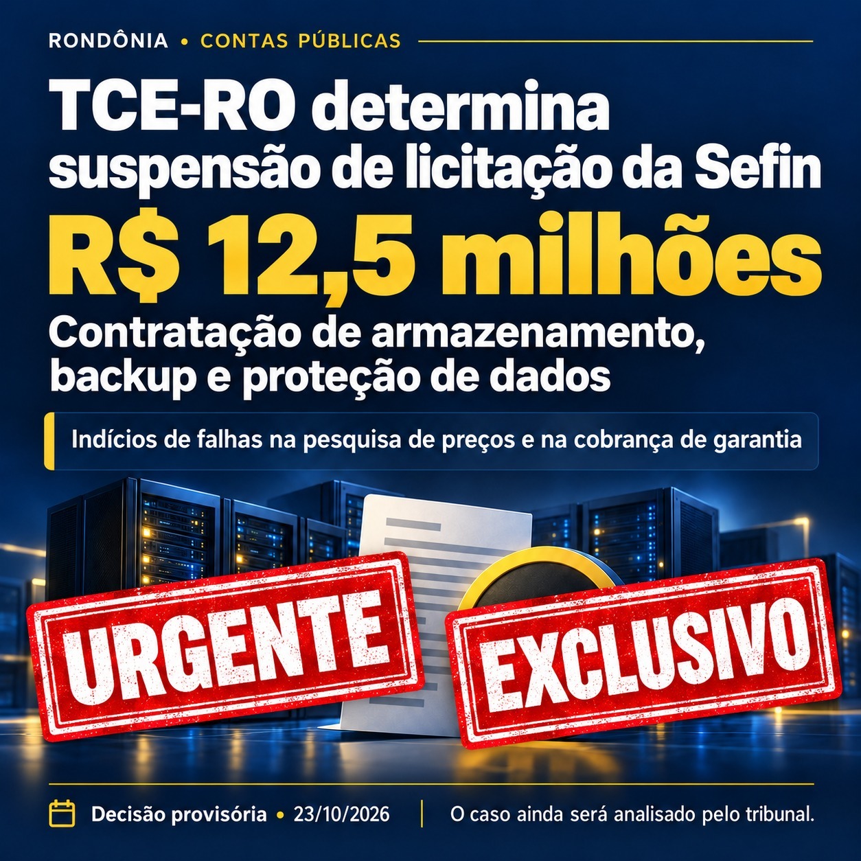 TCE-RO: Tribunal suspende licitação de R$ 12,5 milhões da Sefin