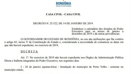 CALENDÁRIO: Governador assina decreto com os feriados na administração em RO