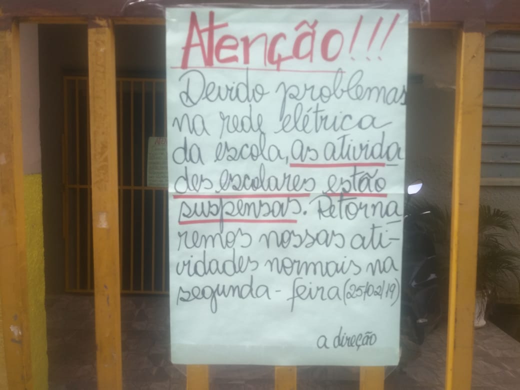 SUSTO ELÉTRICO: Escola municipal suspende aulas após suspeita de curto circuito