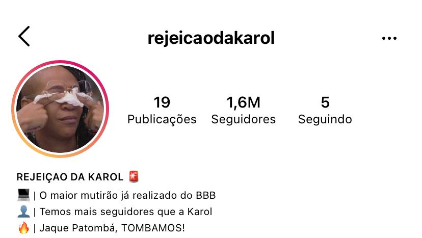 Perfil pela rejeição de Karol Conká acumula mais seguidores que o oficial