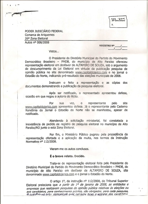 Prefeito de Alto Paraíso, site e jornal impresso são condenados e multados pela Justiça Eleitoral por publicação de pesquisa de opinião pública - Veja a sentença