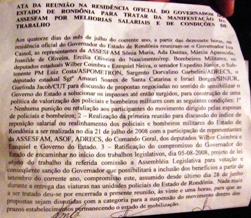 CRISE NA SEGURANÇA - Comissão  das esposas apresentam proposta de Cassol, PMs rechaçam acordo - Confira fac-símile da proposta