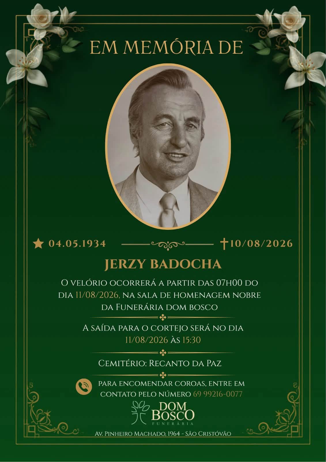 LUTO: Morre em Porto Velho o ex-deputado e ex-vereador Jerzy Badocha