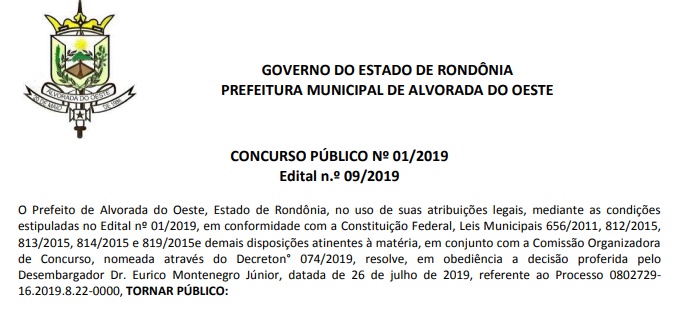 NOTA: Prefeitura de Alvorada do Oeste confirma realização de provas no fim de semana