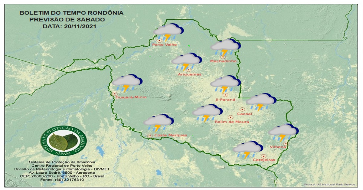 CLIMA: Sipam prevê chuva entre a tarde e a noite neste sábado em Rondônia