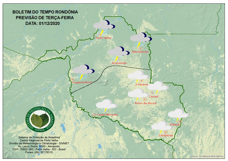 NESTA TERÇA-FEIRA 1º: Sipam prevê pancadas de chuva com trovoadas em Rondônia