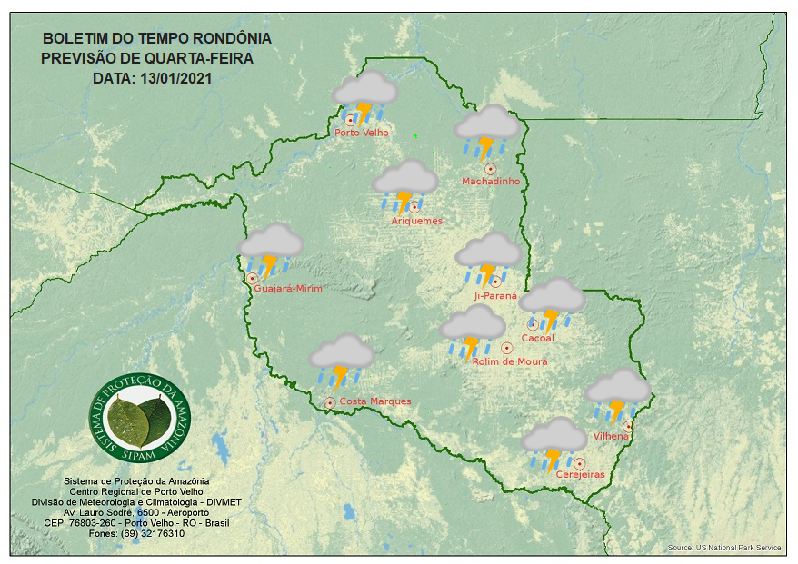 QUARTA-FEIRA: Sipam prevê pancadas de chuvas com trovadas em Rondônia