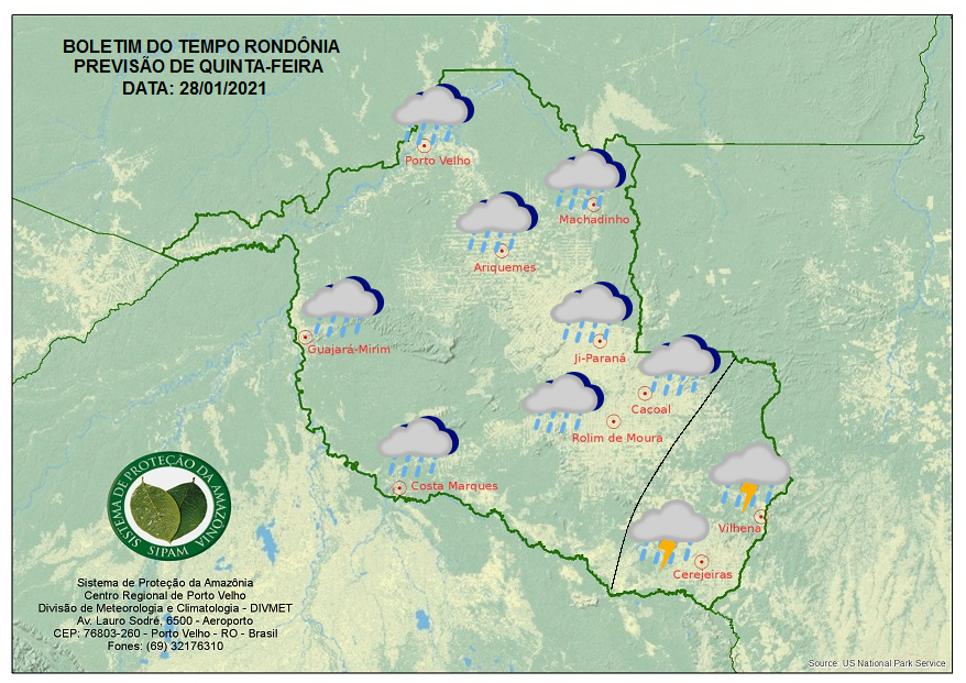 PREVISÃO DO TEMPO: Tempo chuvoso continua nesta quinta em todas as regiões de Rondônia