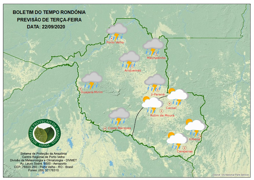 TERÇA-FEIRA: Sipam prevê pancadas de chuva isolada e trovoadas em parte de Rondônia