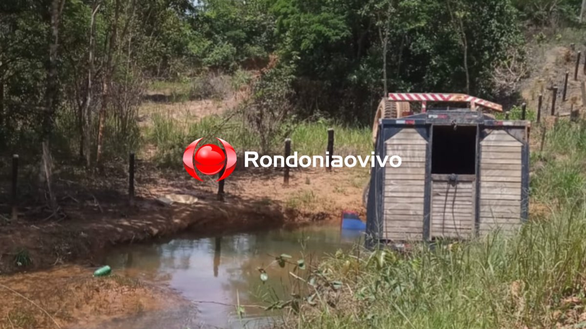 DESGOVERNADO: Caminhão boiadeiro capota dentro de riacho na zona rural 