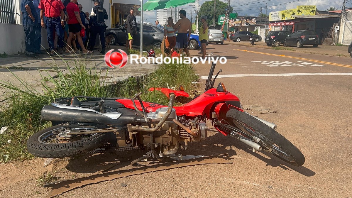 VÍDEO: Condutor de Honda Pop tem fratura exposta na perna ao avançar cruzamento