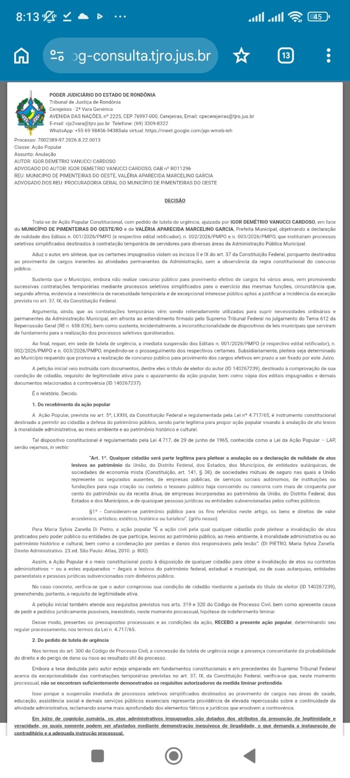 FUNÇÕES PARA CONCURSADOS: Justiça analisa ação popular que pede fim de processos seletivos em Pimenteiras
