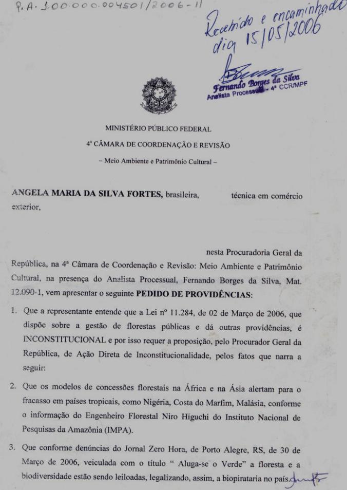 Ofício protocolado pela ex-conselheira tutelar de Porto Velho que acionou a MPF contra Lei de Gestão de Florestas