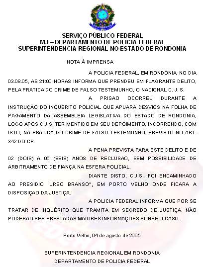 Nota oficial da Polícia Federal