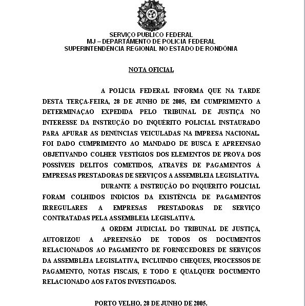  Veja Nota Oficial da Polícia Federal sobre ação desta terça na ALE