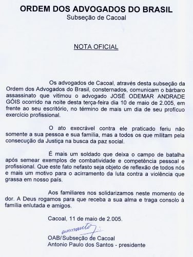 Nota de pesar da OAB/Cacoal