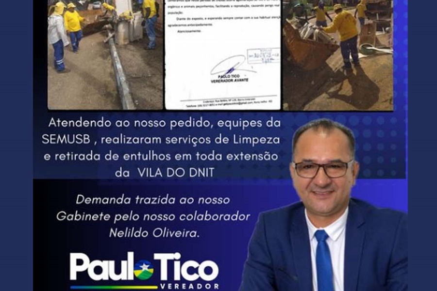 VEREADOR: Semusb realiza serviços de limpeza na Vila do DNIT após pedido de Paulo Tico