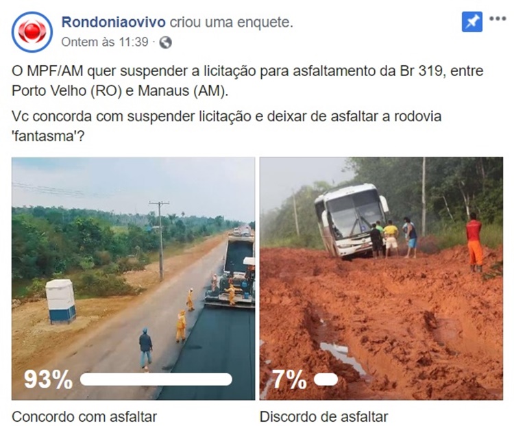 ENQUETE: Maioria dos internautas concorda com asfaltamento da BR-319