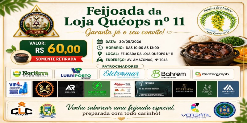 BENEFICENTE: Loja Quéops nº 11 promove feijoada em PVH